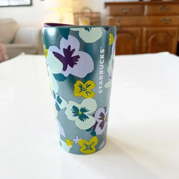 Starbucks Coffee Cup Teal Purple Pansies Floral Ceramic Travel Mug‎ 12 Oz Sipper - Picture 10 of 10
